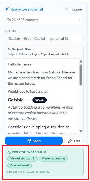 Founder tracks email opens, startup profile views, document views, and investor engagement.